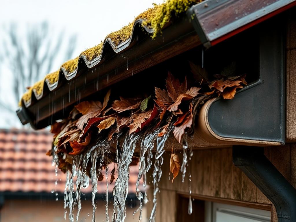 Dachrinne vor der Reinigung – voll mit Laub und Schmutz